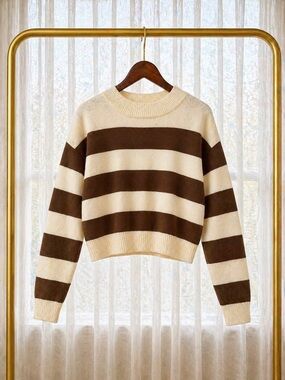 Divided Cream and Brown Striped Crewneck Sweater